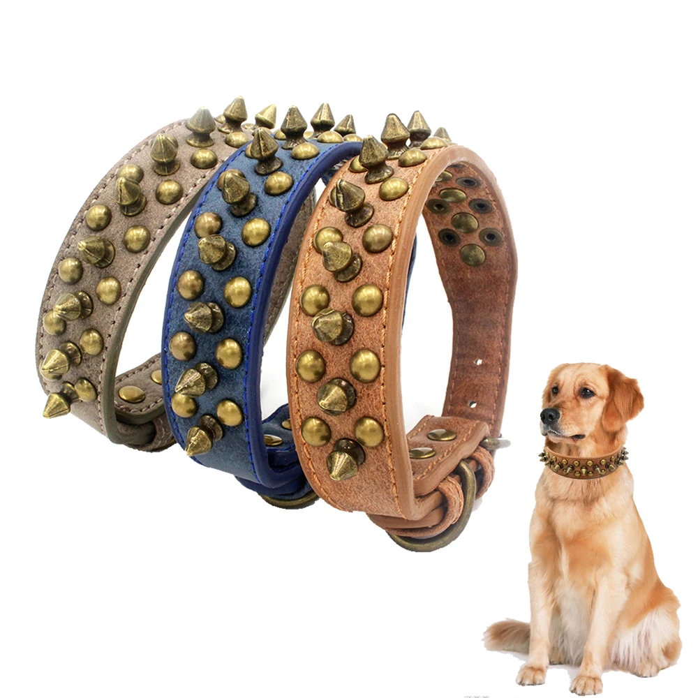 

Dog Collar PU leather Anti-biting Dog Collar Bronze Bulle Rivet Tunk Collars Adjustable For Medium Large Dogs