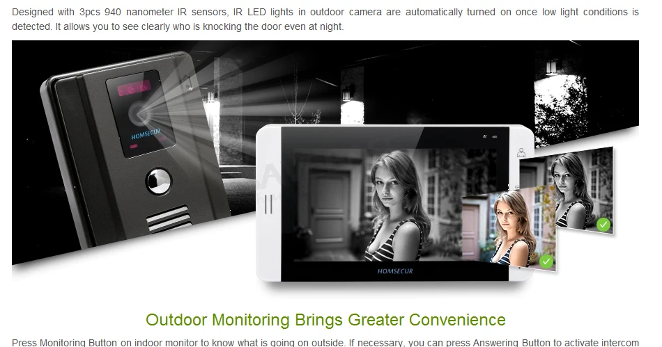 HOMSECUR 7 "проводной телефон видео домофон Системы + монитор для Apartme: L3: TC011-B Камера (черный) + TM703-W монитор (белый) + замок