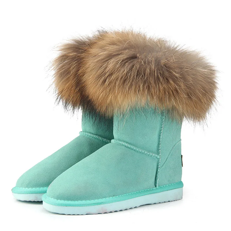 MBR FORCE Fashion Women's Natural Real fox Fur Snow Boots Genuine Cow Leather women Boots Female Warm Winter Boots Shoes - Цвет: Green Lake