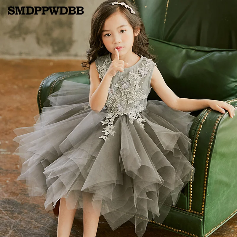 SMDPPWDBB Grey Flower Girl Dresses Kids Pageant Party Wedding Ball Prom