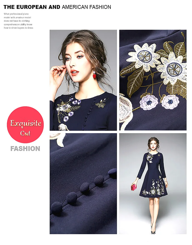 Women Flowers Embroidered Hem Dress Round Neck 3/4 Sleeve A-line Skirt 2018 Spring Summer Fashion Knee Length Dress