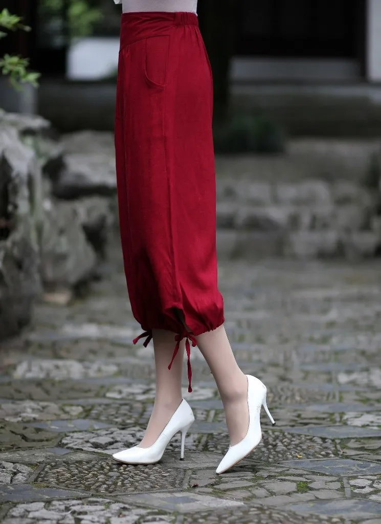Женские льняные китайские традиционные брюки эластичный пояс широкие брюки капри 3 цвета
