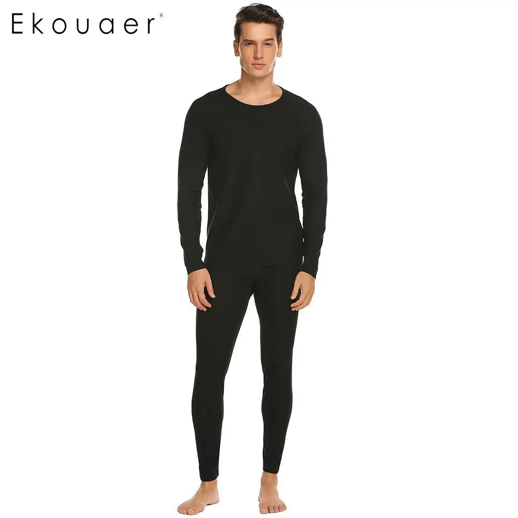 Ekouaer, мужское термобелье, теплый пижамный комплект, Осень-зима, базовый слой, однотонный хлопок, подштанники, мужское нижнее белье, набор - Цвет: B