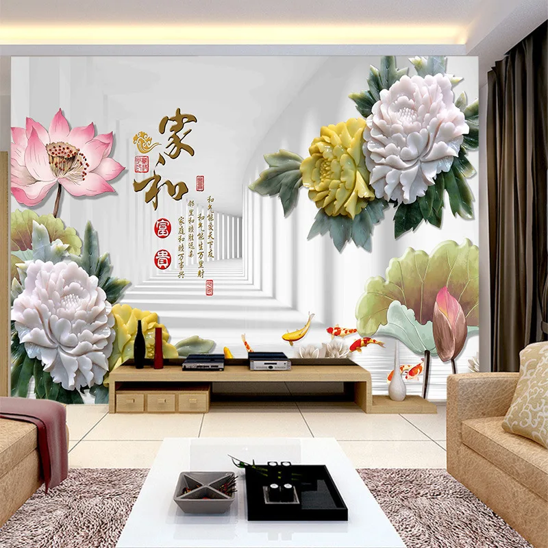 

Factory price Customized wallpaper mural Chinese pattern scenery with peony lotus behind sofa as background livingroom