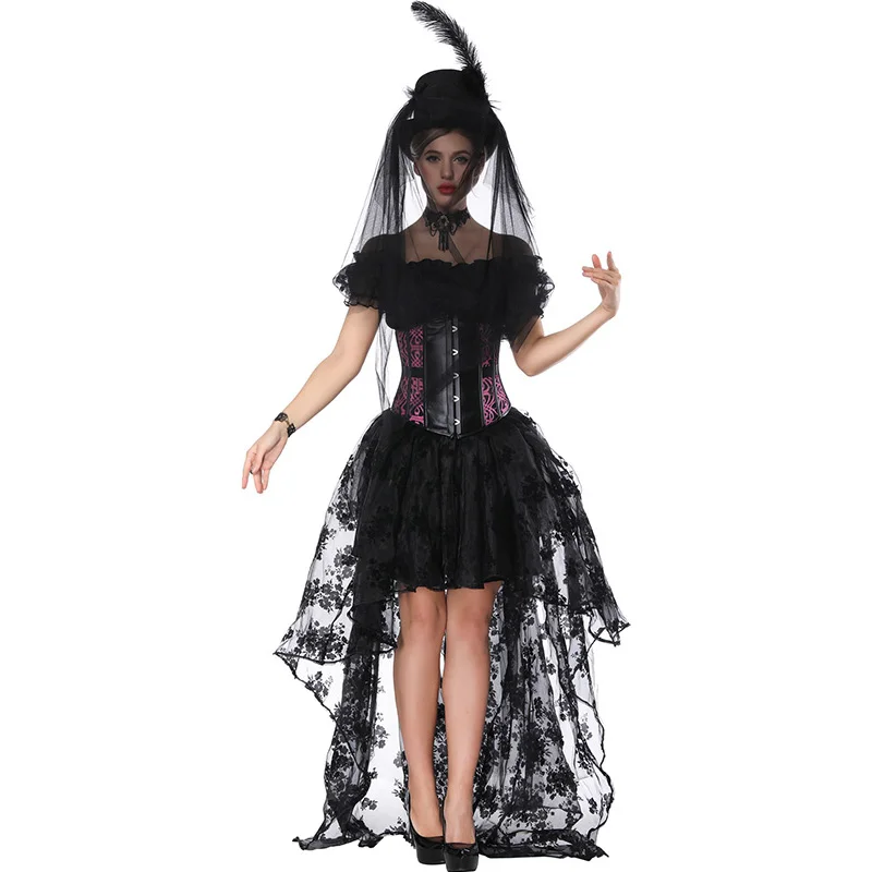 Women Sexy Gothic Victorian Steampunk Corset Dress Leather Overbust Corsets And Bustiers Lace Black Wedding Party Corset Dress (9)