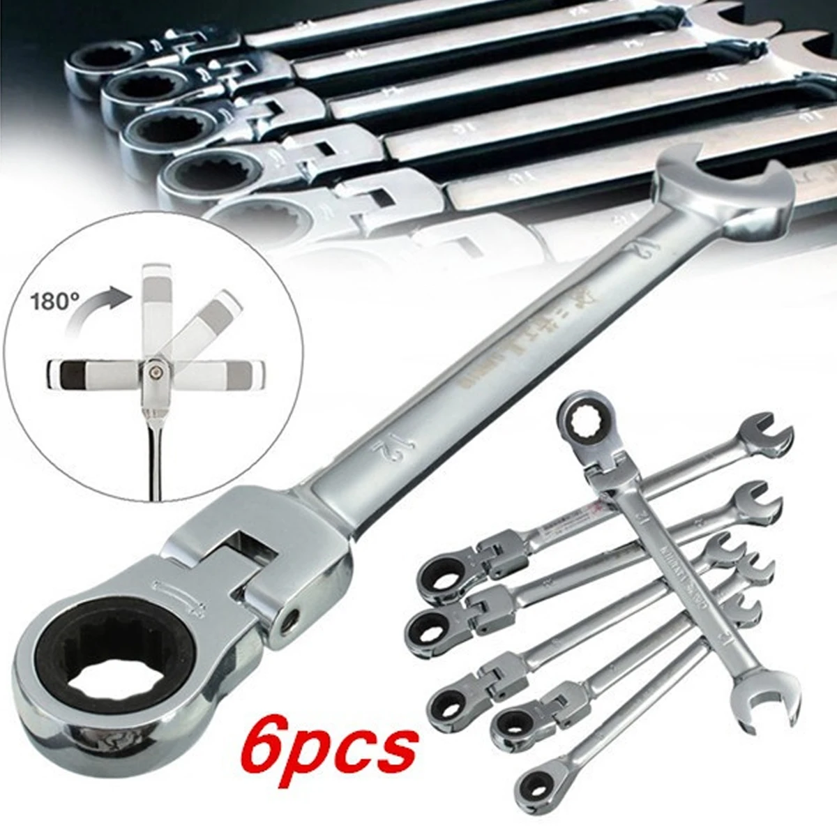 6pcs a Set 6mm 12mm Flexible Pivoting Head Ratchet Combination Spanner