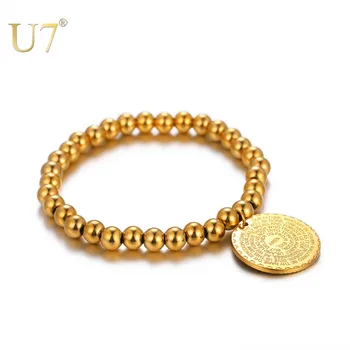 

U7 Bible Verse Prayer Bracelet Stainless Steel Praying Hands Coin Medal Beaded Bracelets for Men / Women Christian Jewelry H1070
