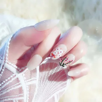 

Ladies Simple Elegant Fake Nail White Color Flat Head Full Cover False Nails 24PCS DIY Flower Printing Nail Art Tips Artificial