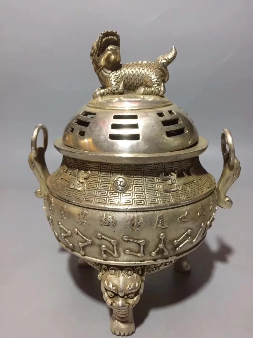 

Collection tibet silver lion Censer ,Home/office desk decoration Chinese 24 constellation Incense burner Metal crafts