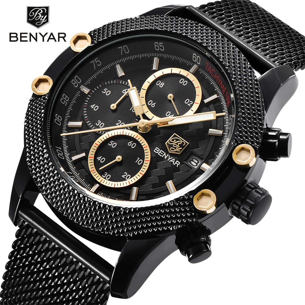 

BENYAR New Sport Chronograph Fashion Watches Men Mesh Band Waterproof Luxury Brand Quartz Watch Gold Saat dropshipping