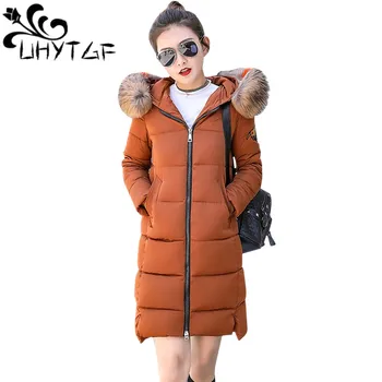 

UHYTGF Colored Large Fur Collar Cotton Coat 2018 Winter Jacket Women Long Coats Fashion Loose Hoodies Padded Down Cotton Jacket
