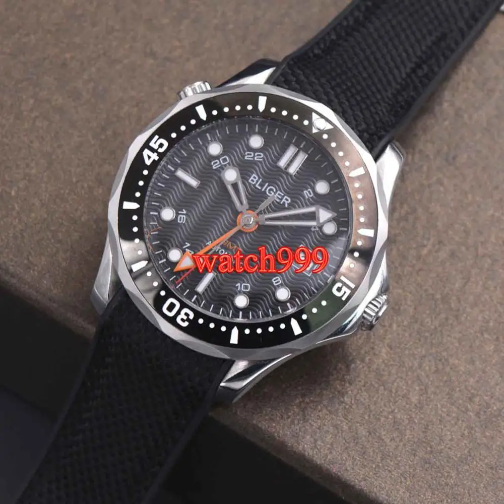 41 мм bliger неглубокие волны черный циферблат сапфировое стекло Дата
