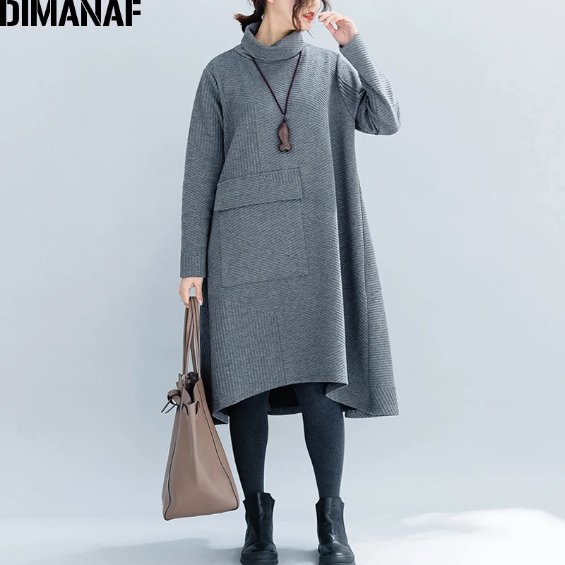 

DIMANAF Women Dresses Big Sizes Winter Thick Cotton Female Loose Clothing Casual Lady Vestidos Turtleneck Striped Pockets Dress
