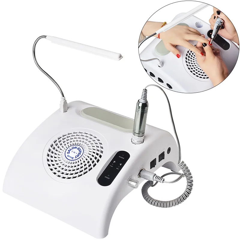 

Electric Nail Drill Machine Nail Vacuum Cleanser LED Light 3 in 1 Kit with 35000RPM/30000RPM Handpiece and Nail Drill Bit