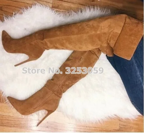 

ALMUDENA Top Brand Brown Suede Long Boots Pointed Toe Thin High Heels Autumn Winter Dress Shoes Zipper Boots Thigh High Boots