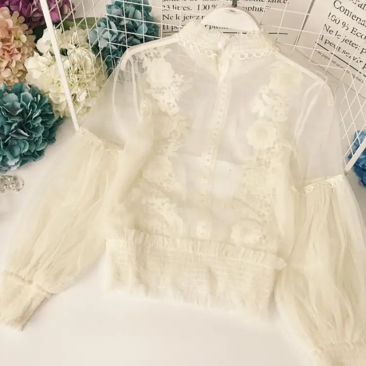 Кружевная женская блузка с объемным цветком, новая модная полупрозрачная водолазка с пышными рукавами, блуза из двух частей с сеткой, женские рубашки