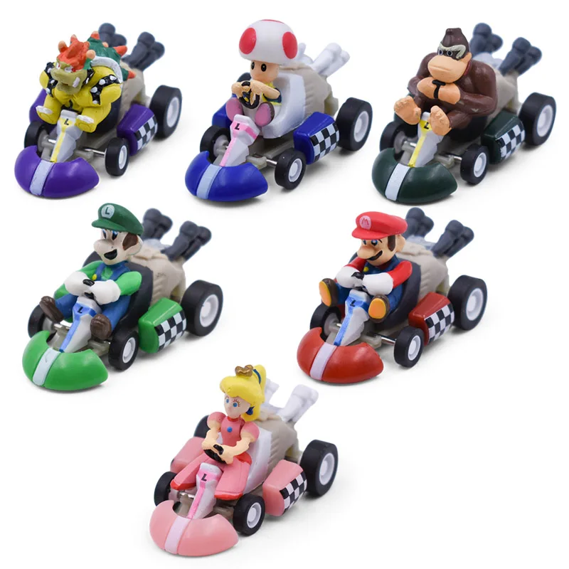 Goede 6 stks partij Super Mario Kart Pull Back Auto Luigi Bowser Koopa Donkey Kong Prinses Peach Toad Paddestoel Auto PVC Figuur speelgoed voor Kinderen