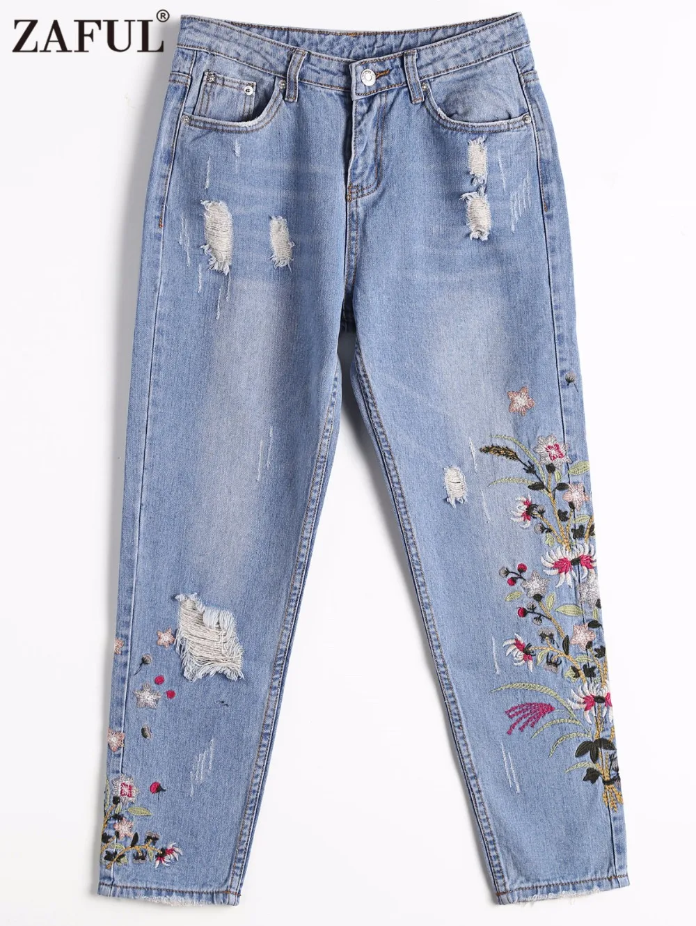 ZAFUL Flower Embroidery Jeans Women Vintage Ripped Pants High Waist