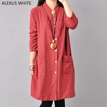 Cotton Linen Long Shirts Female 2017 Autumn Winter Single Breasted Blouses Women Casual Loose Full Sleeve Stand Collar Tops