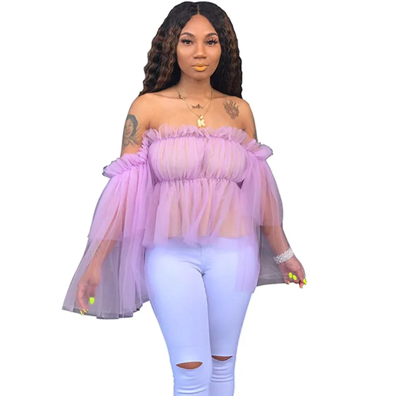 

Sexy Voile Mesh Sheer Blouses Shirts Women Off Shoulder Strapless Flare Sleeve Blouse Tops See Through Ruffles Ladies Shirt Top