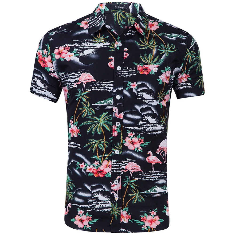 Летняя гавайская рубашка с короткими рукавами мужская хлопковая Фламинго Цветочная принтованная повседневная одежда мужская одежда Мода XXL Ou код - Цвет: GD029-2