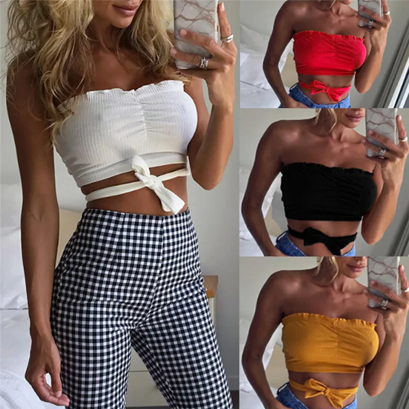 Ladies Sexy Wrapped Bandage Tube Top Black,white,red,yellow Off Shoulder Strapless Tube Tops Bow Tie Summer Cropped Top Women