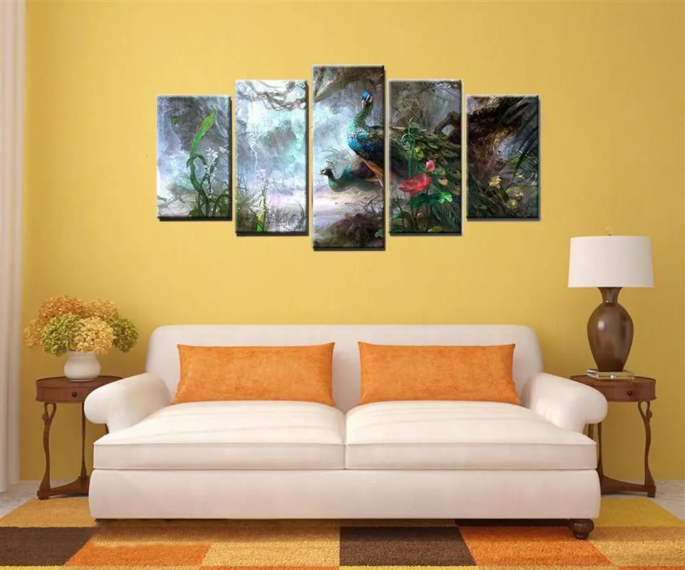 5 панелей синего павлина|canvas art|wall artbeautiful birds paintings |
