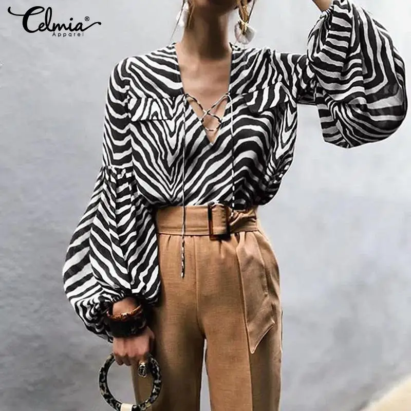  Elegant Women Blouse 2019 Celmia Fashion Print Long Shirts Female Full Sleeve Sexy Lace Up Work Top