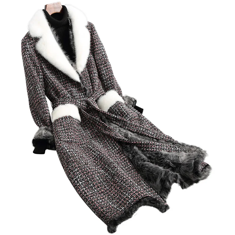 

Lady Real Wool Blend Fur Coat With Mink Fur Collar Lamb Fur Lining Winter Women Fur X-Long Warm Outerwear Coats LF5135