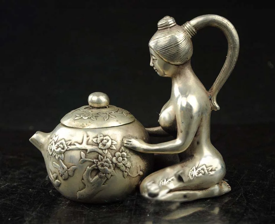 

China Collectible Old Miao Silver Naked Statue Flower Decor Noble Teapot Decor