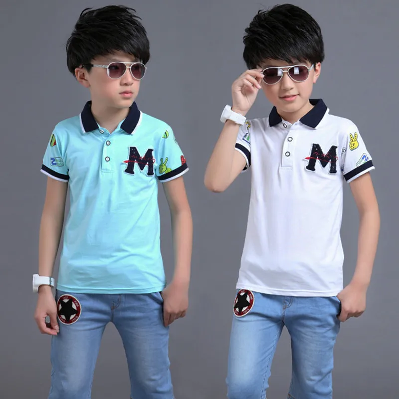 

For 5-14 Years Age Boys Summer Clothes Sport Suit Set Short Sleeve Turn-down Collar Children's Clothing Set T-Shirt + Jeans
