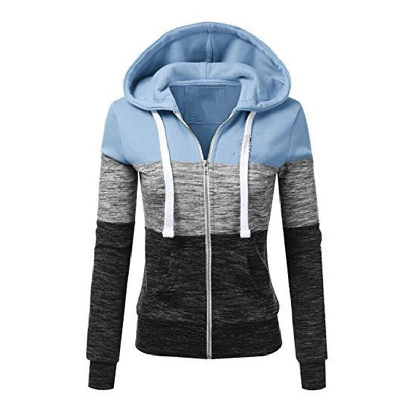 

Women Hoodie Pullover Plus Size Spring Autumn Warm Casual Zipper Three-Color Stitching Slim Long-Sleeved Tops Loose