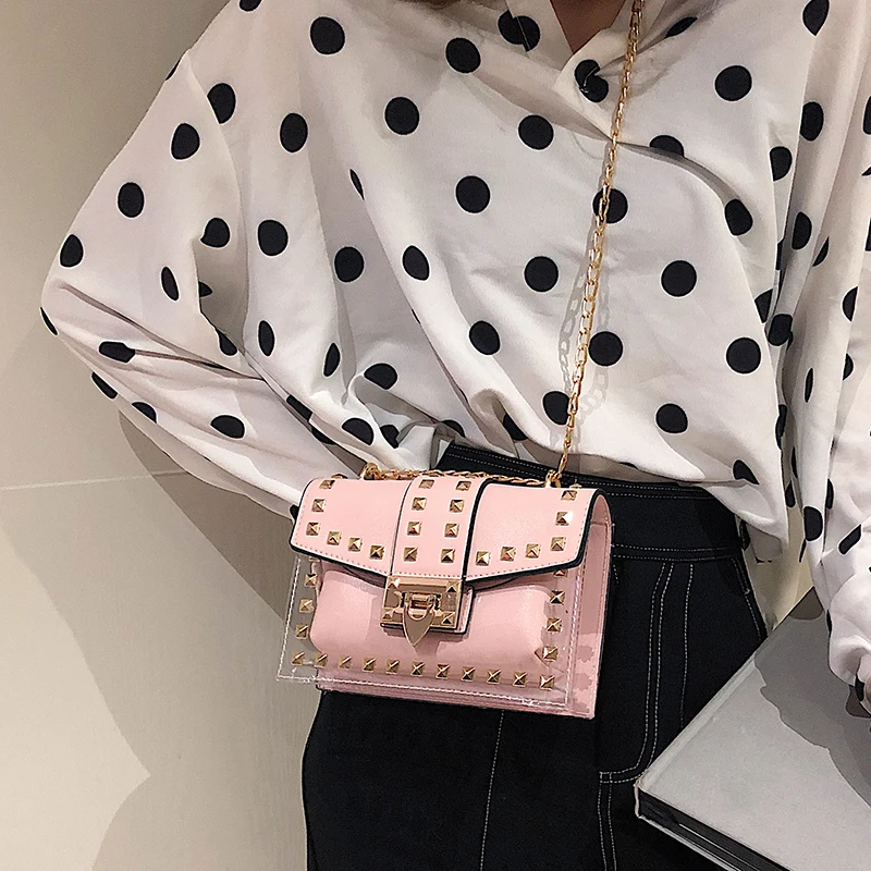 

HIFAR Brand Designer Woman 2019 New Fashion Messenger Bag Chains Shoulder Bag Female Rivets Transparent Square PU+PVC Handbag
