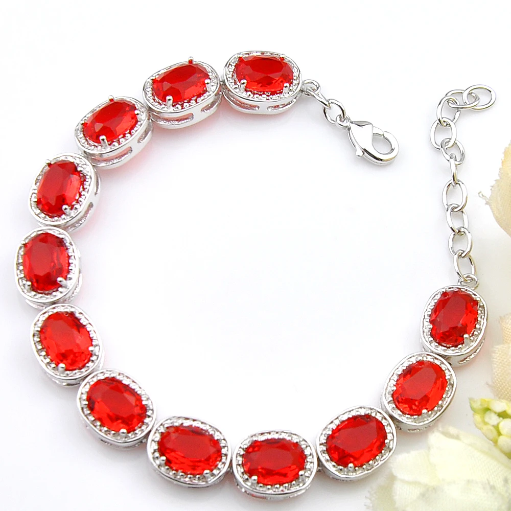 LuckyShine Women Shining Oval Mystic Red Garnet Zircon Silver Chain Bracelets for Wedding Party Gifts New