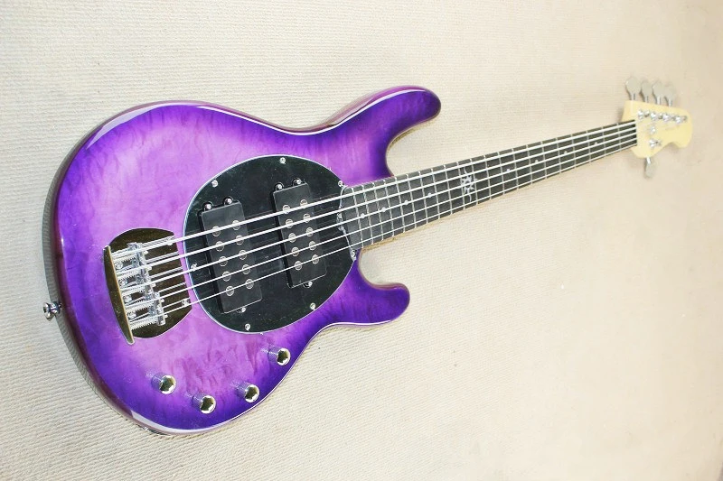 5 Strings Purple Electric Bass Guitar with Active Circuit,Ebony