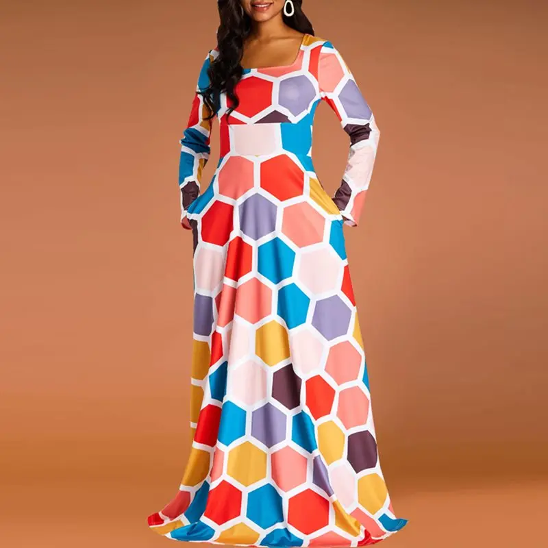 Для женщин длинное платье элегантное женское платье с геометрическим принтом эластичные Повседневное модные Цвет блок Площадь шеи линии