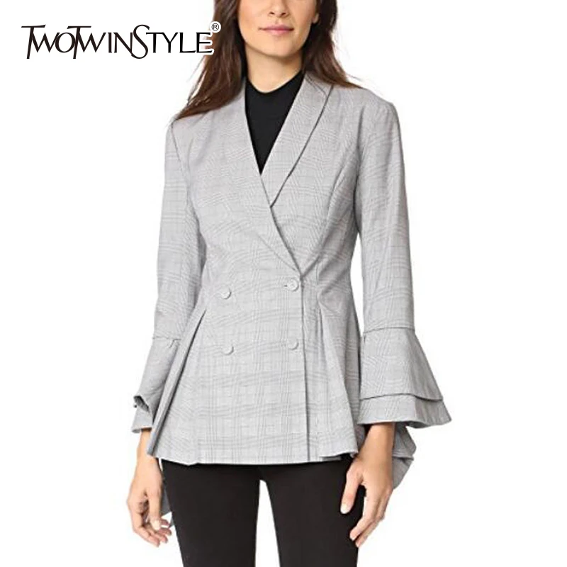 

TWOTWINSTYLE OL Coat Female Plaid Flare Sleeve Ruffles Double Breasted Tunic High Waist Women's Blazer 2019 Spring Fashion Tops