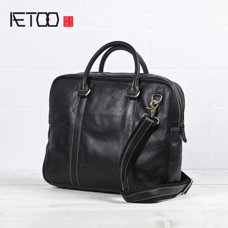 AETOO 2018 new original handmade genuine leather briefcase men casual male black leather soft cross section laptop handbag