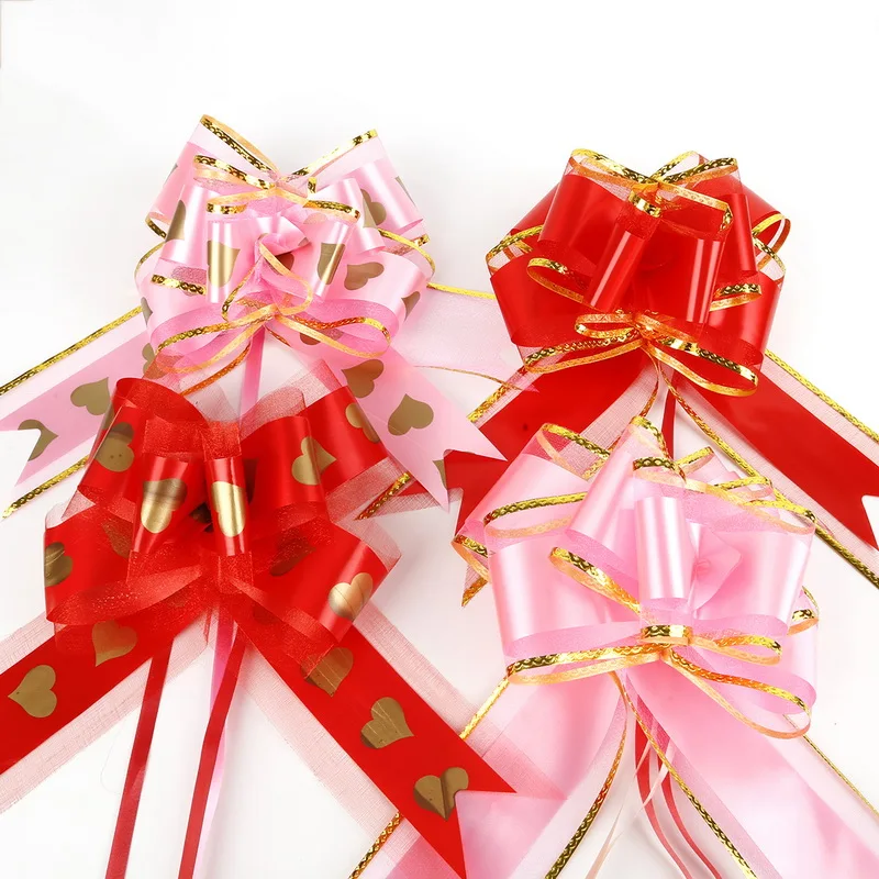 

Red Pink Flower Bowknot Pull Bow Ribbon Snow Yarn Polyester Pull Flower Wedding Gift Wrapping Car Rearview Mirror Decoration