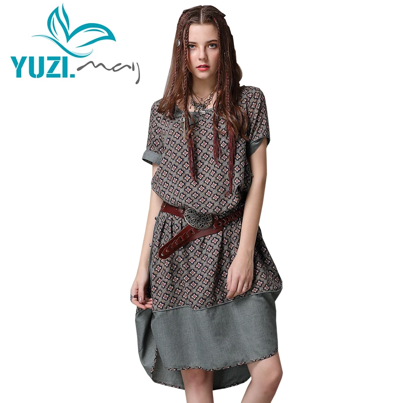 

Summer Dress 2018 Yuzi.may Boho New Cotton Women Dresses O-Neck Asymmetrical Hem Short Sleeve Patchwork Loose Vestidos A82076