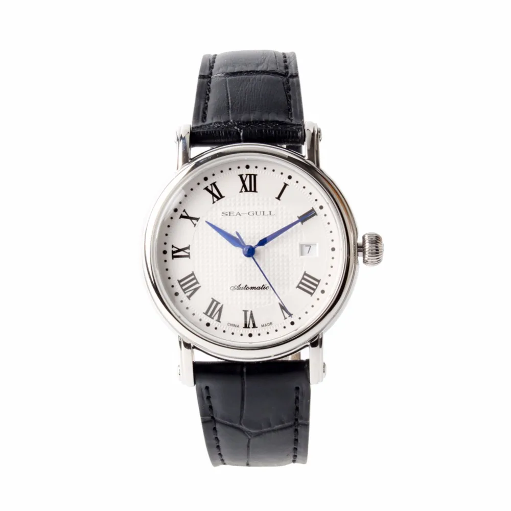 

Seagull Genuine Leather Wristwatch Guilloche Engraved Onion Crown Roman Numerals Exhibition Back Self Wind Men's Watch 819.368