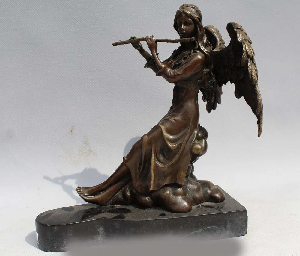 

9"Western Art sculpture Bronze Marble Women Bell Angell Flute Statue