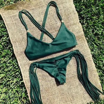 

Women's Swimwear Fringed Beach Brazilian Bikini Set Wrinkled Green Elastic Swimsuit Bathing Suit Biquini Maillot De Bain E542