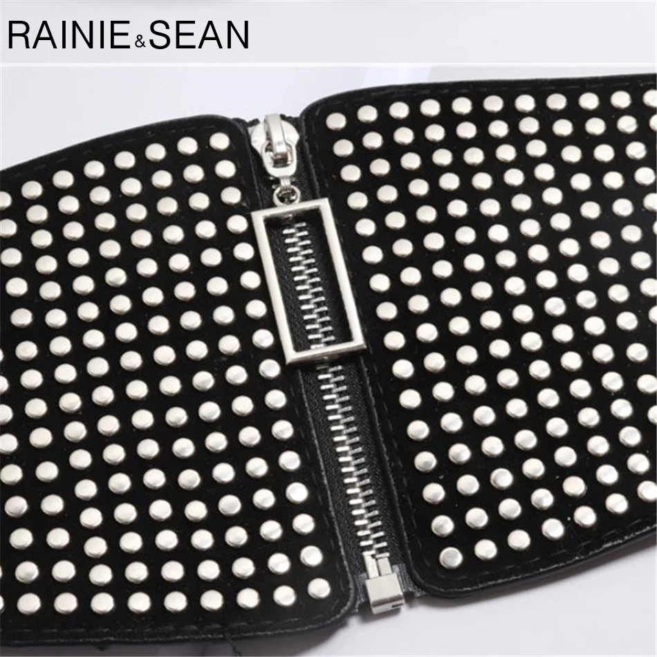 RAINIE SEAN 벨트 Cummerbunds 여성용 펑크 탄성 리벳 엑스트라 와이드 숙녀 벨트 허리 벨트 블랙 가죽 코르셋