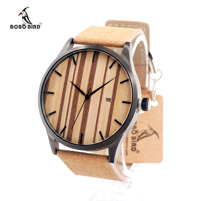 2017 BOBO BIRD Quartz Watch Wooden Dial Watches Men Corium Leather Strap army Wristwatch Clock Complete
