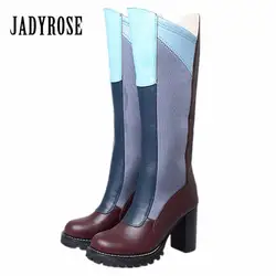 Jady Роза Смешанные Цвет женские сапоги до колена стрейч ткань ботинки из натуральной кожи на платформе и высоком каблуке Botas осень длинные