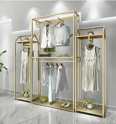 Gold clothing store display rack - style double - layer clothes rack men's and women's clothing store decoration design high.