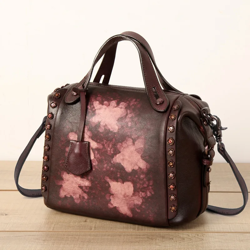 

New Genuine Leather Handmade Tanning real cowhide Handbag Crossbody Time Single Fashion Rivet Package Diagonal totes Bags Womens