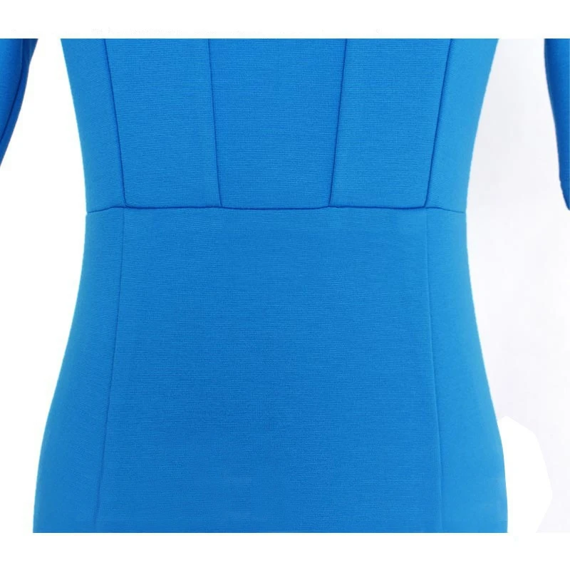 Fashion Women Square Collar Back Zipper Elegant Blue Stretchy Bodycon Knee-Length Wear to Work Office lady blazer dress suit