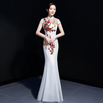 

White Traditional Flower Qipao Women Sexy Slim Mermaid Cheongsam Chinese Style Vintage Dress Mandarin Collar Vestidos S-XXL
